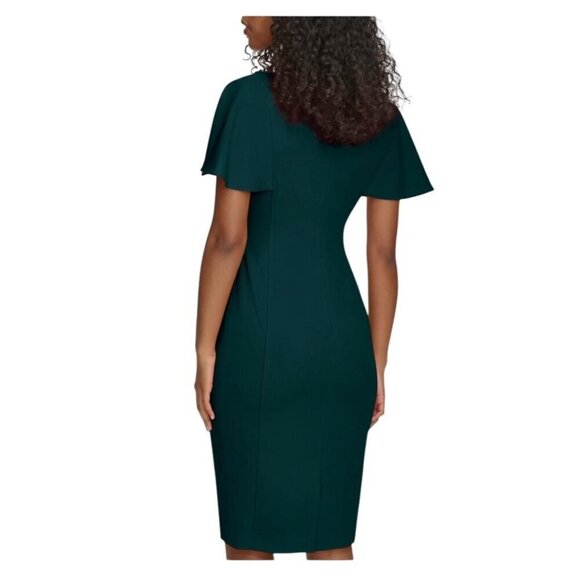Calvin Klein Womens Dark Green Short Flutter Sleeve Sheath Midi Dress Sz 12 New - Picture 2 of 11